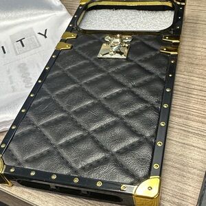 Black iPhone 17 Pro Max Quilted Leather Luxury Phone Case with Gold Hardware